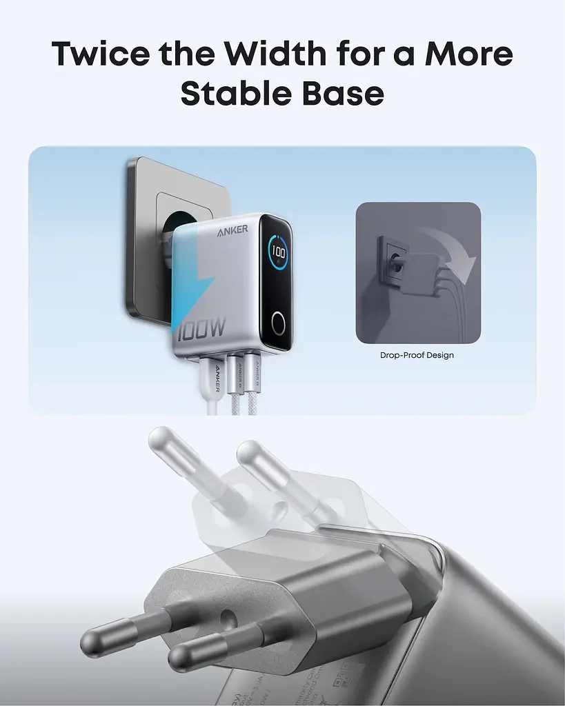 Мережевий зарядний пристрій Anker GaN Charger 100W, 2xUSB-C PD & 1xUSB-A w Display and Cable Silver (7232957) - фото 3