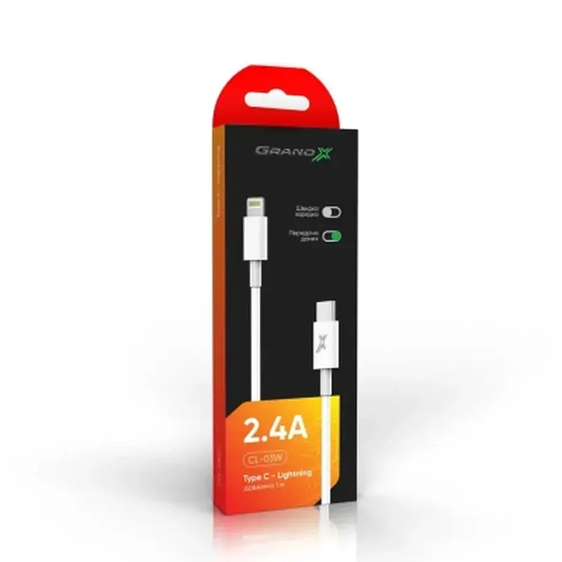 Дата кабель USB-C to Lightning 1.0m12W CL-03W White Grand-X (CL-03W) - фото 3