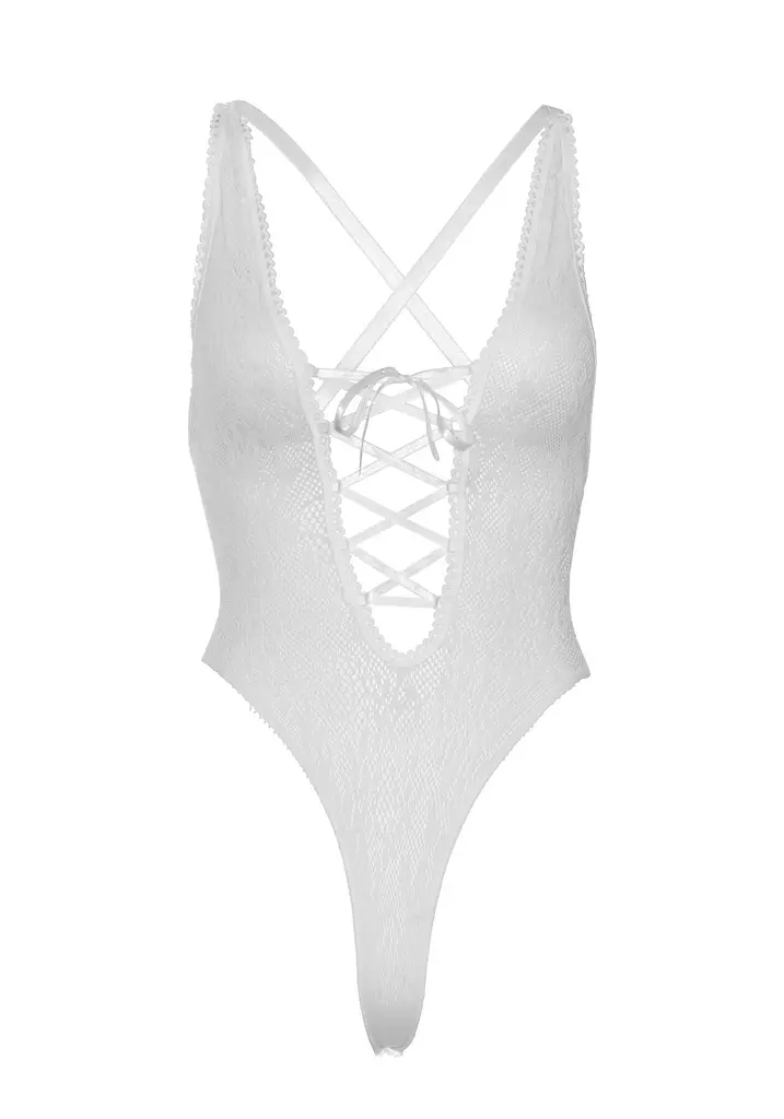 Мереживне боді Leg Avenue Floral lace thong teddy White, шнурівка на грудях, one size - фото 8