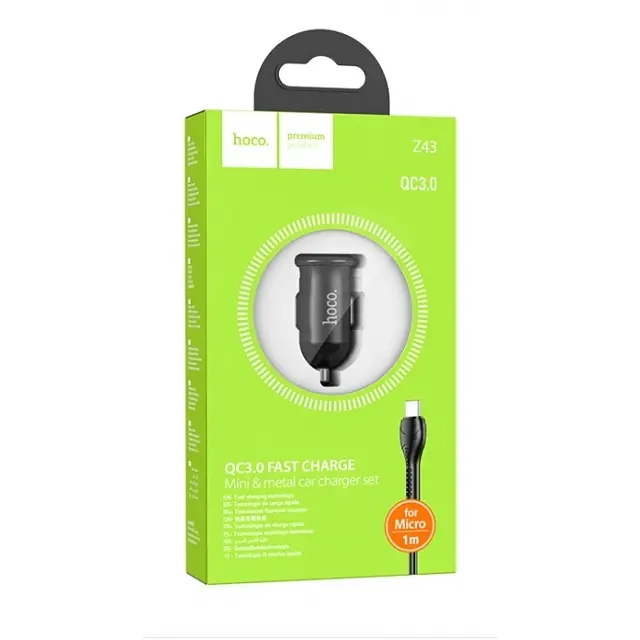 АЗП Hoco Z43 Mighty single port QC3.0 car charger set ( Micro ) Black - фото 3