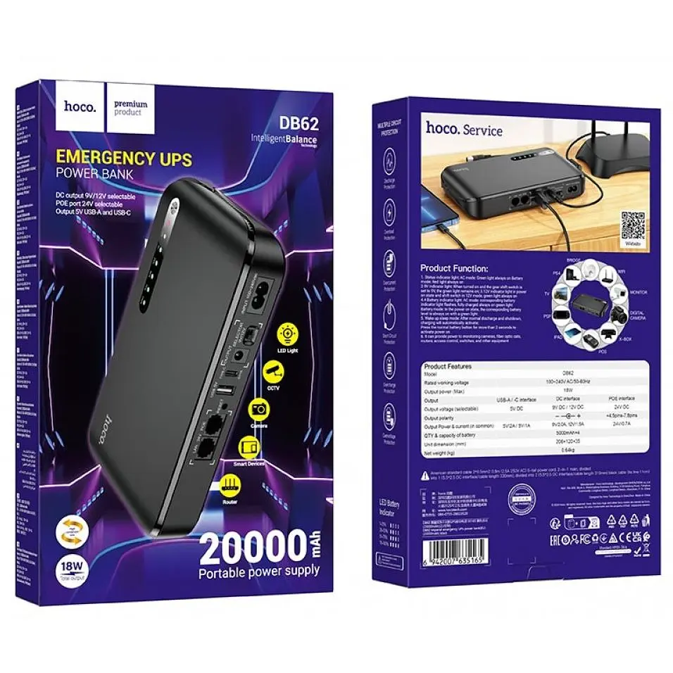 ИБП UPS для роутера Hoco DB62 UPS 20000mAh/18W/1USB/1TypeC/5/9/12v/POE 15-24V/LED black - фото 4