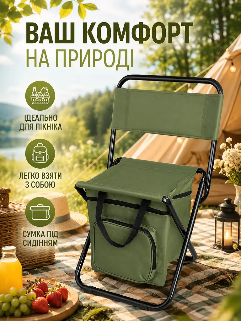 Складаний туристичний стілець із термосумкою до 100 кг 35×28×59 см хакі (49676083) - фото 3