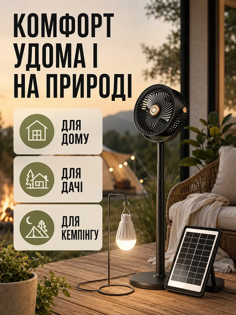 Акумуляторний вентилятор 4 в 1 із сонячною панеллю LED-лампою та PowerBank чорний (49676145) - фото 4