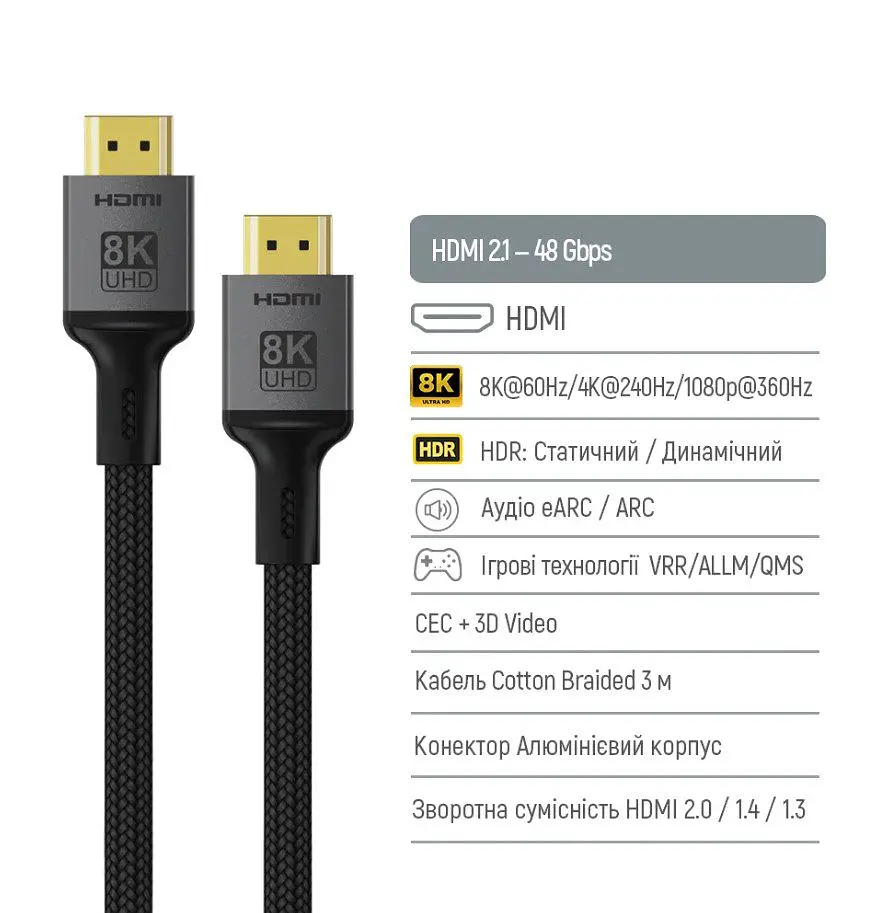 Кабель HDMI Colorway CB-HD089BK UHD v2.1 8K 48Gbit HDR Ethernet ARC 3м - фото 4