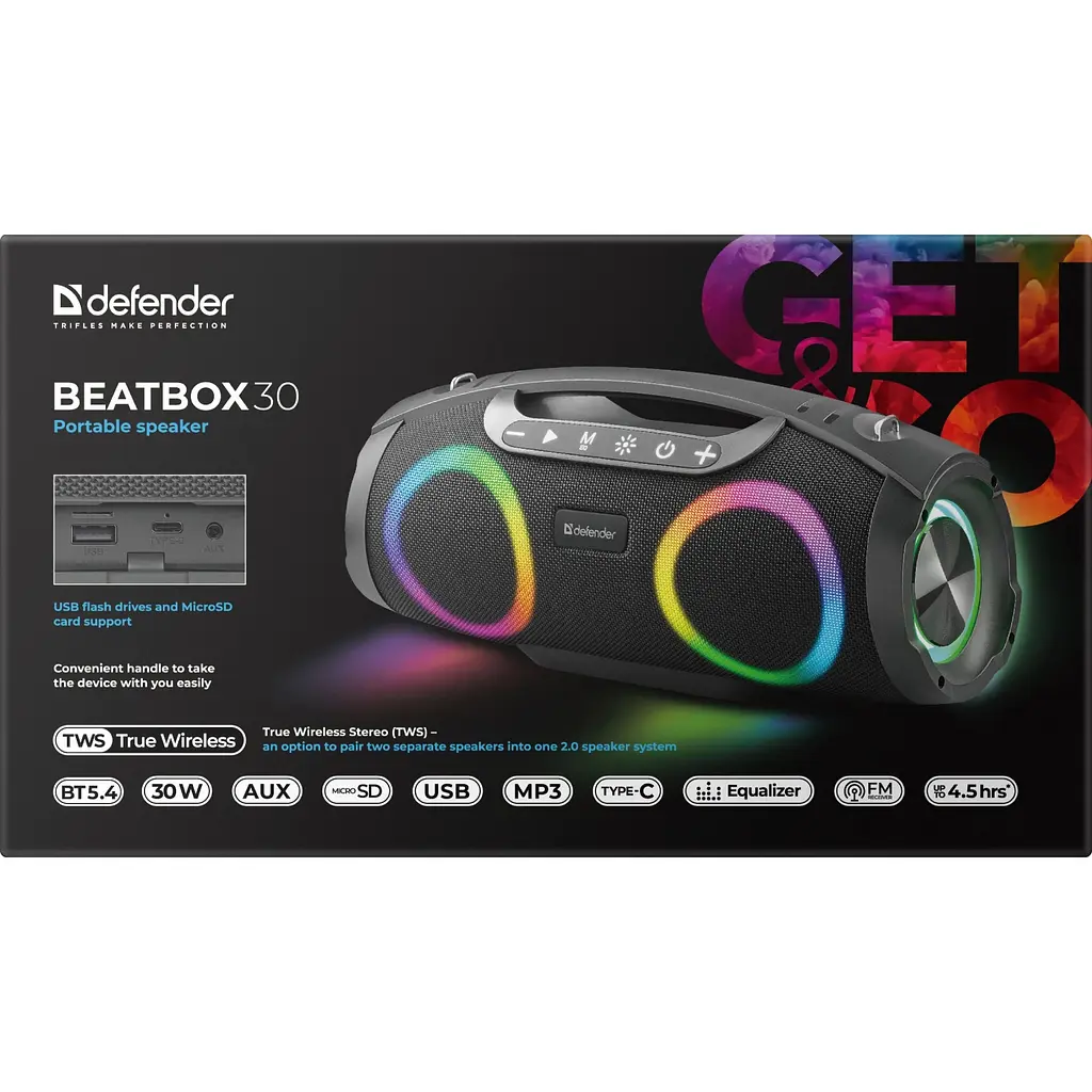 Акустична система 1.0 Defender Beatbox 30, 30Вт Bluetooth/RGB/FM/USB/TF/AUX/TWS чорна - фото 7