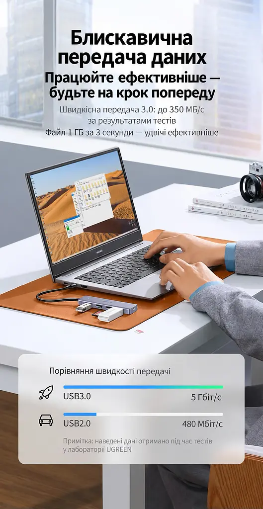 USB-хаб UGREEN CM219 концентратор вхід USB-A виходи 4 USB-A 3.0 до 5 Гбіт/с порт USB-C лише для живлення хаба для передавання даних не для заряджання без встановлення драйверів для Windows macOS Linux захист від перенапруги надмірного струму та перегрівання LED-індикатор роботи вбудований кабель 0,15 м темно-сірий (50985) - фото 8