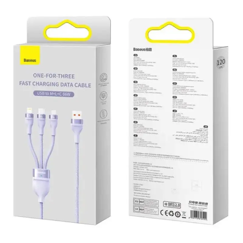 Кабель Baseus Flash Series II One-for-three Fast Charging Data Cable USB to M+L+C 66W 1.2 м Purple - фото 2