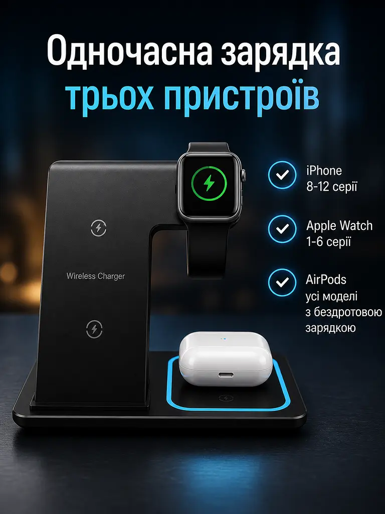 Бездротова зарядна станція 3 в 1 15 W для iPhone, Apple Watch і AirPods чорна (49675896) - фото 3