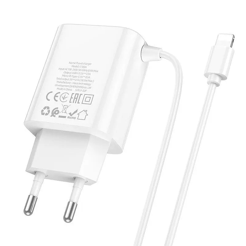 Зарядное устройство Hoco C103A 2 порта + встроенный кабель Lightning - фото 5