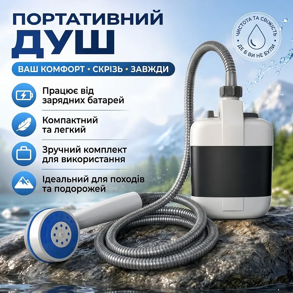 Душ портативний з помпою Travel shower кемпінговий акумуляторний зарядка USB 2200 mAh Білий  - фото 2