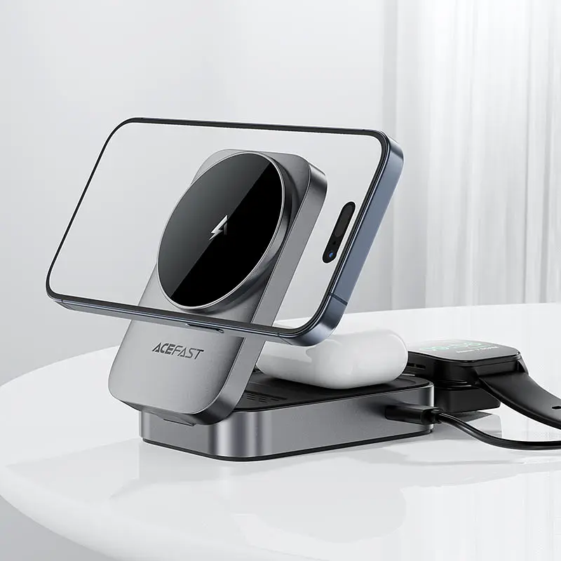 Бездротовий зарядний пристрій ACEFAST E22 Desktop 3-in-1 Wireless Charging holder Metal Gray (6974316284079) - фото 6