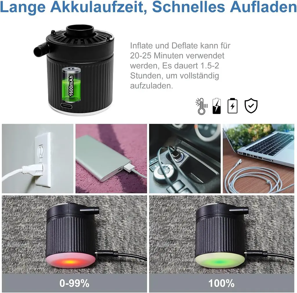 Портативний електричний повітряний насос для надування і здування з батареєю і кабелем USB C - фото 6