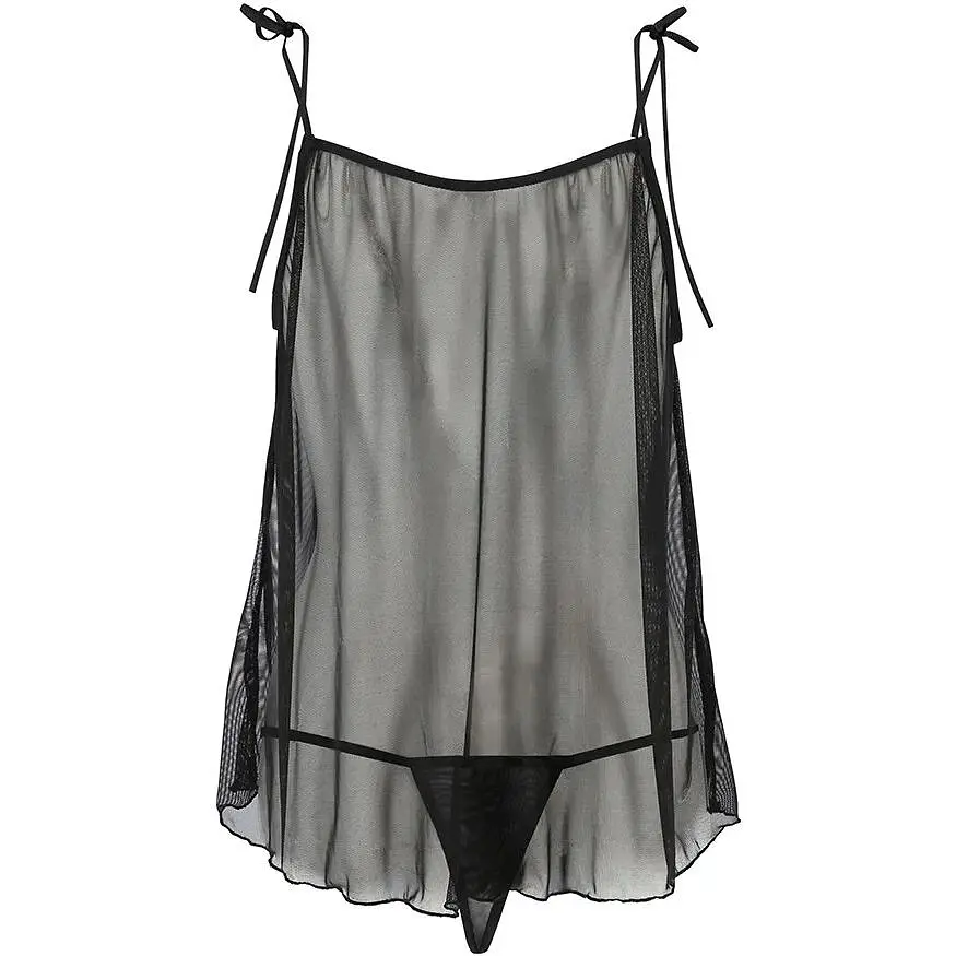 Сорочка прозора бебі дол Passion MELANIA CHEMISE Black L/XL, трусики, на тонких бретелях - фото 4