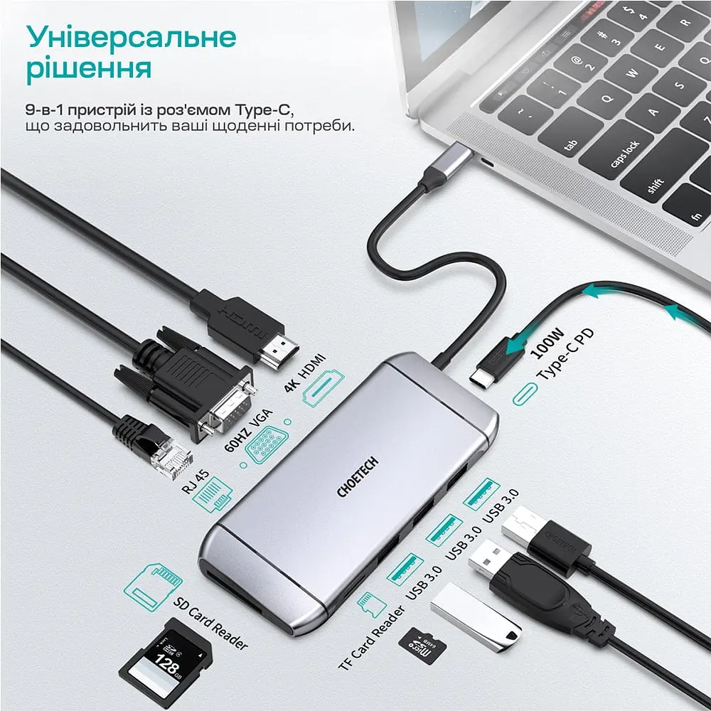 USB-C хаб 9-в-1 Choetech M15 HDMI 4K\30Hz, VGA, 3 USB3.0, RJ45, USB-C PD, SD-card, TF-card (43-00153) - фото 4