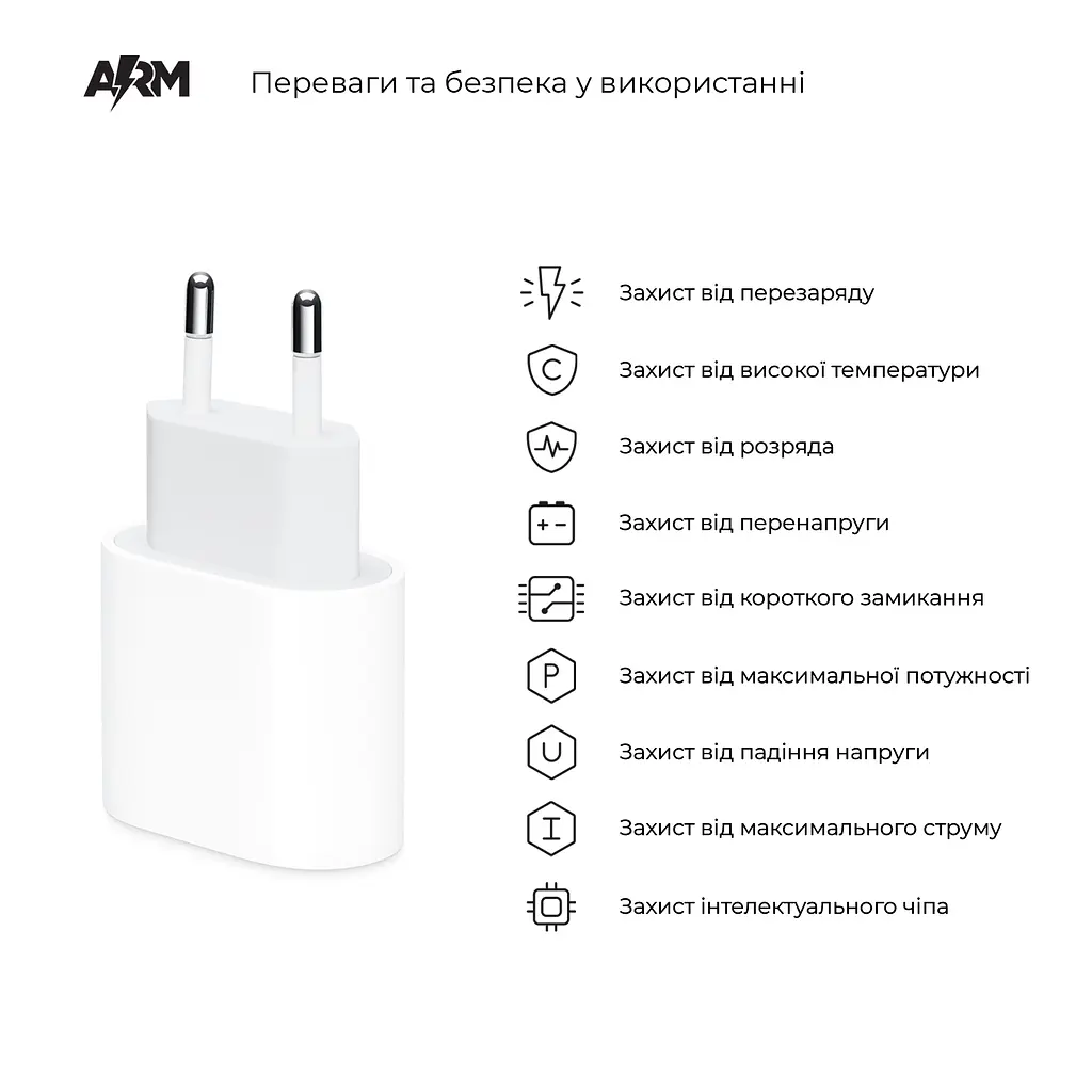 Зарядний пристрій AMHJ83 20W White USB-C Power Adapter, підтримка Power Delivery та Quick Charge 3.0, швидка зарядка для iPhone, iPad, смартфонів та планшетів, ArmorStandart (ARM58528) - фото 5