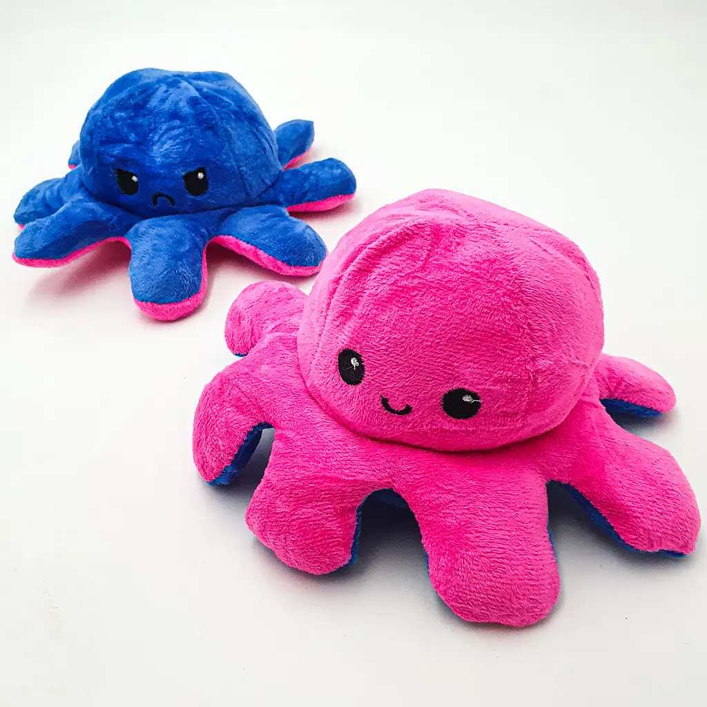 М'яка іграшка Восьминіг перевертень двосторонній веселий сумний Mood Octopus 20 см UKC малиново/синій