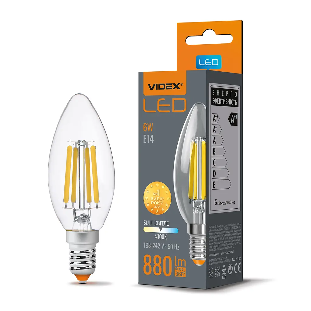 LED-лампа Videx Filament C37F 6W E14 4100K (25794-000)