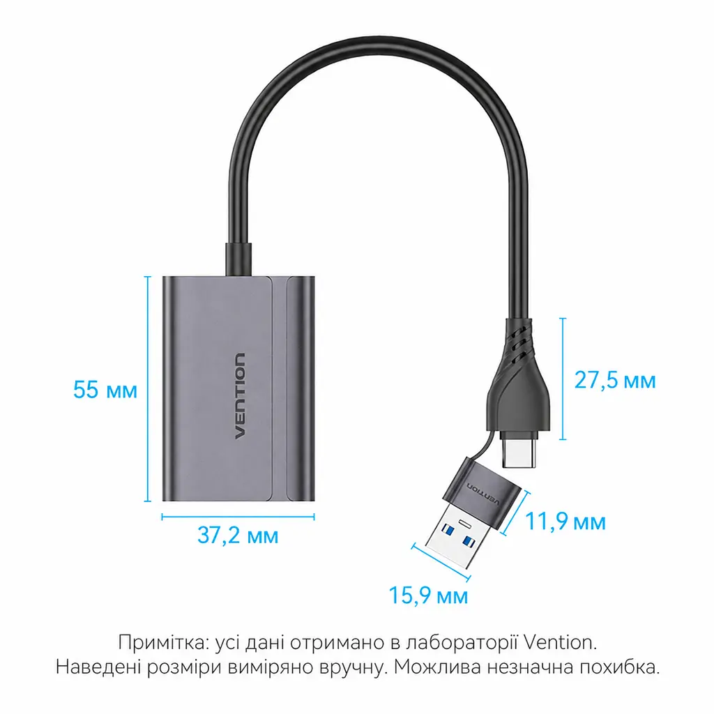 Відеоадаптер Vention з USB-C або USB-A на HDMI 1080p 60 Гц потребує встановлення драйвера UDisplay для дисплея потрібен окремий HDMI-кабель для Windows 7/8/10 та macOS дублювання екрана та розширення лише у Windows із вбудованим кабелем 0,15 м сірий (ACYHB) - фото 6