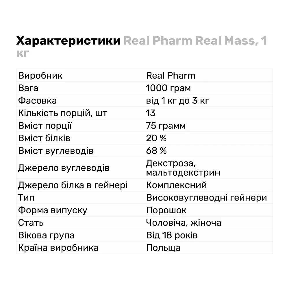 Гейнер Real Pharm Real Mass Ваніль 1 кг - фото 2