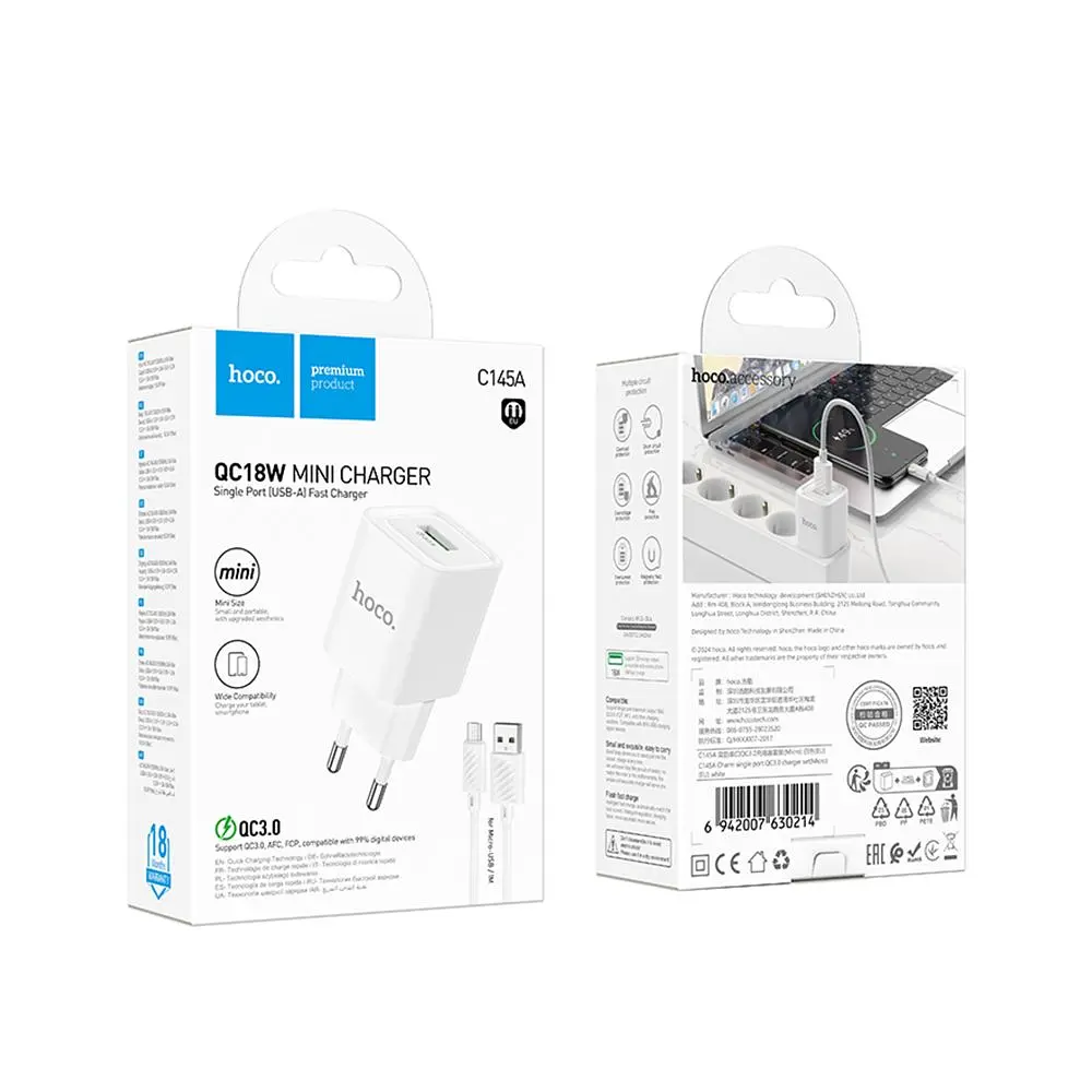 Зарядний комплект Hoco C145A Mini charger 1USBQC3.0 18W 3A USB to Micro 1 м White (35275_3345661) - фото 2