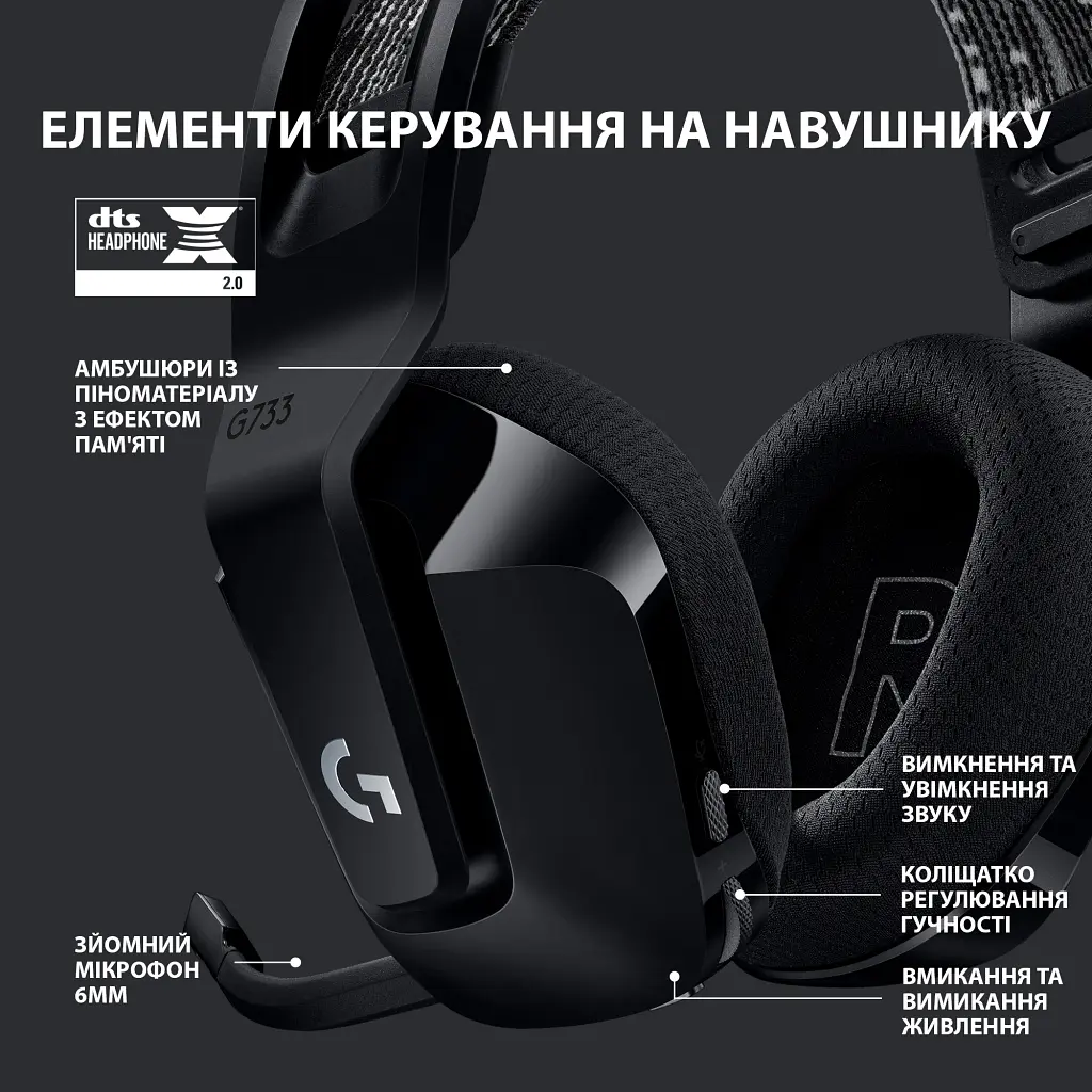 Навушники Logitech G733 Lightspeed Wireless RGB Gaming Headset Black (981-000864) - фото 5