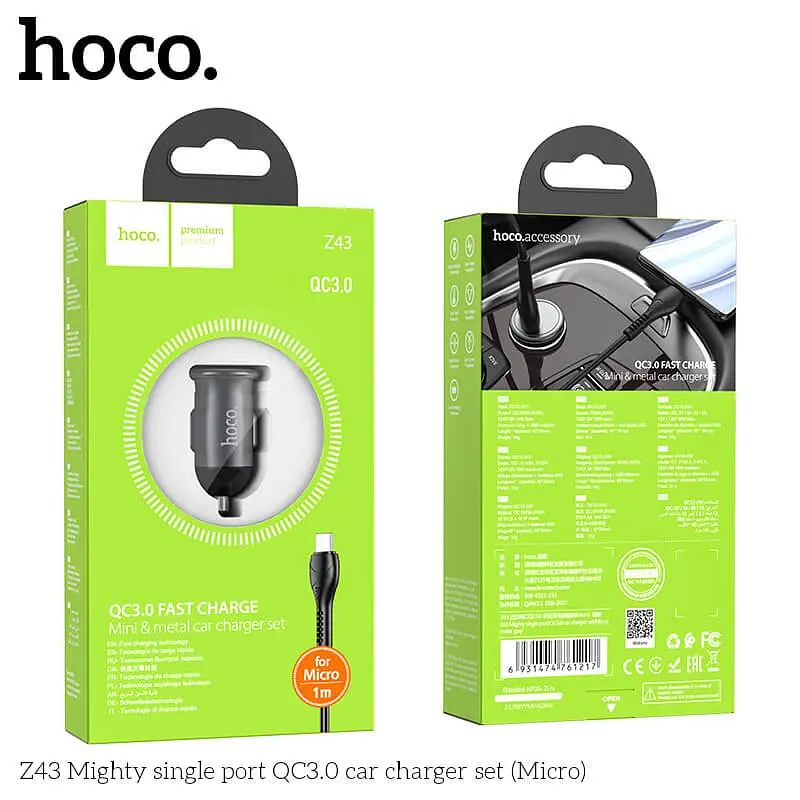 Автомобільний адаптер + кабель HOCO Z43 + Micro-USB Mighty 1port car charger 1USB QC 18 W - фото 5