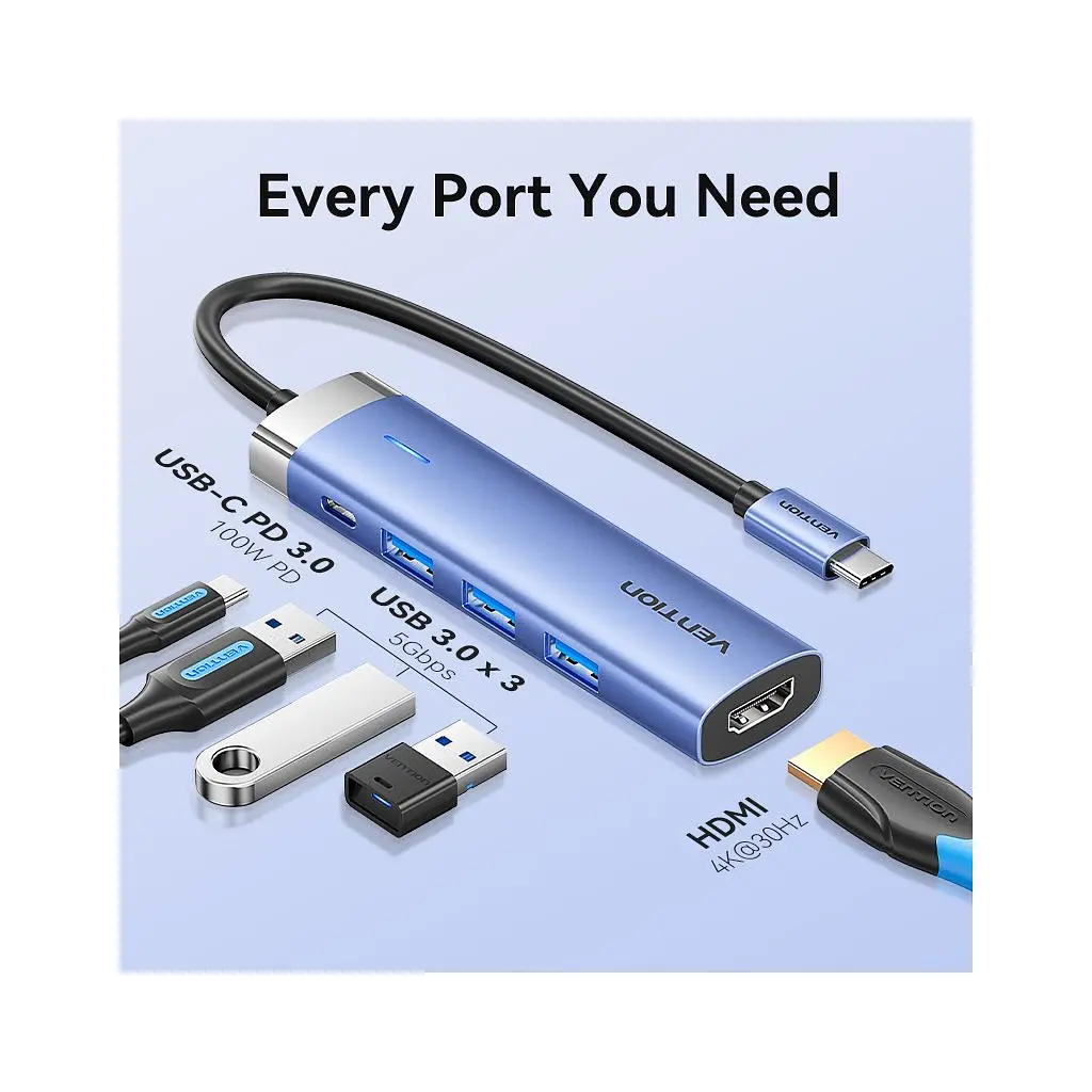 Концентратор Vention USB 3.1 Type-C to HDMI/USB 3.0x3/PD 100W Blue Aluminum Alloy Hub 5-in-1 (TGESB) - фото 4