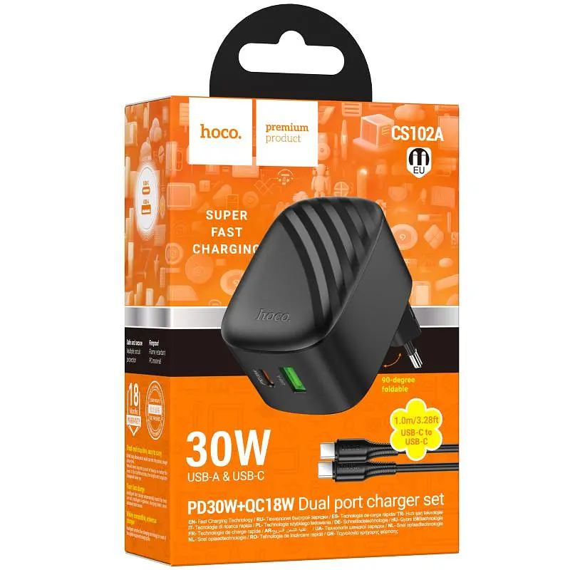 СЗУ Hoco CS102A Folding PD30W+QC3.0 (1USB-A/1C) + кабель Type-C to Type-C Black - фото 4