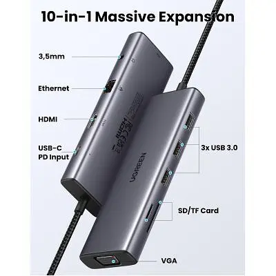 Концентратор Ugreen USB3.1 Type-C to HDMI/VGA/USB 3.0х3/RJ45/SD/TF/PD/35мм TRRS 100W 10-in-1 (15601) - фото 3