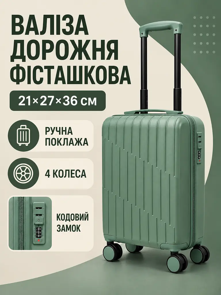 Дорожня валіза на коліщатках 40×30×20 см для ручної поклажі з телескопічною ручкою та кодовим замком, фісташковий (49676350) - фото 7