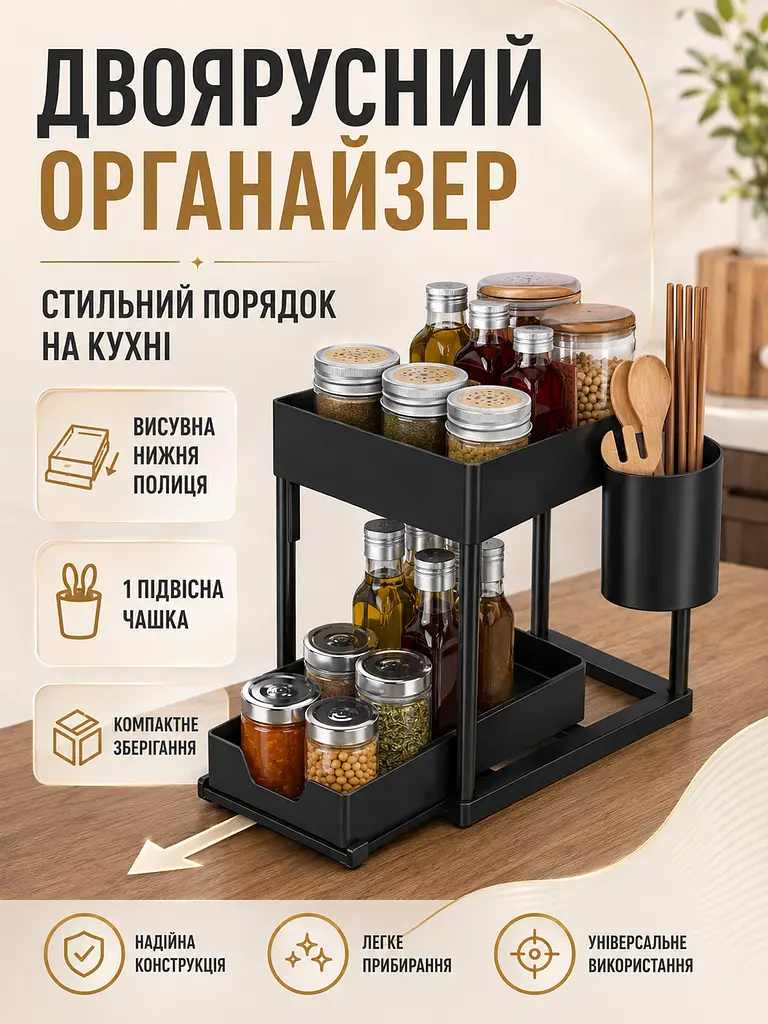 Органайзер кухонний дворівневий чорний 39×20×37 см з висувною шухлядою (49675884) - фото 2
