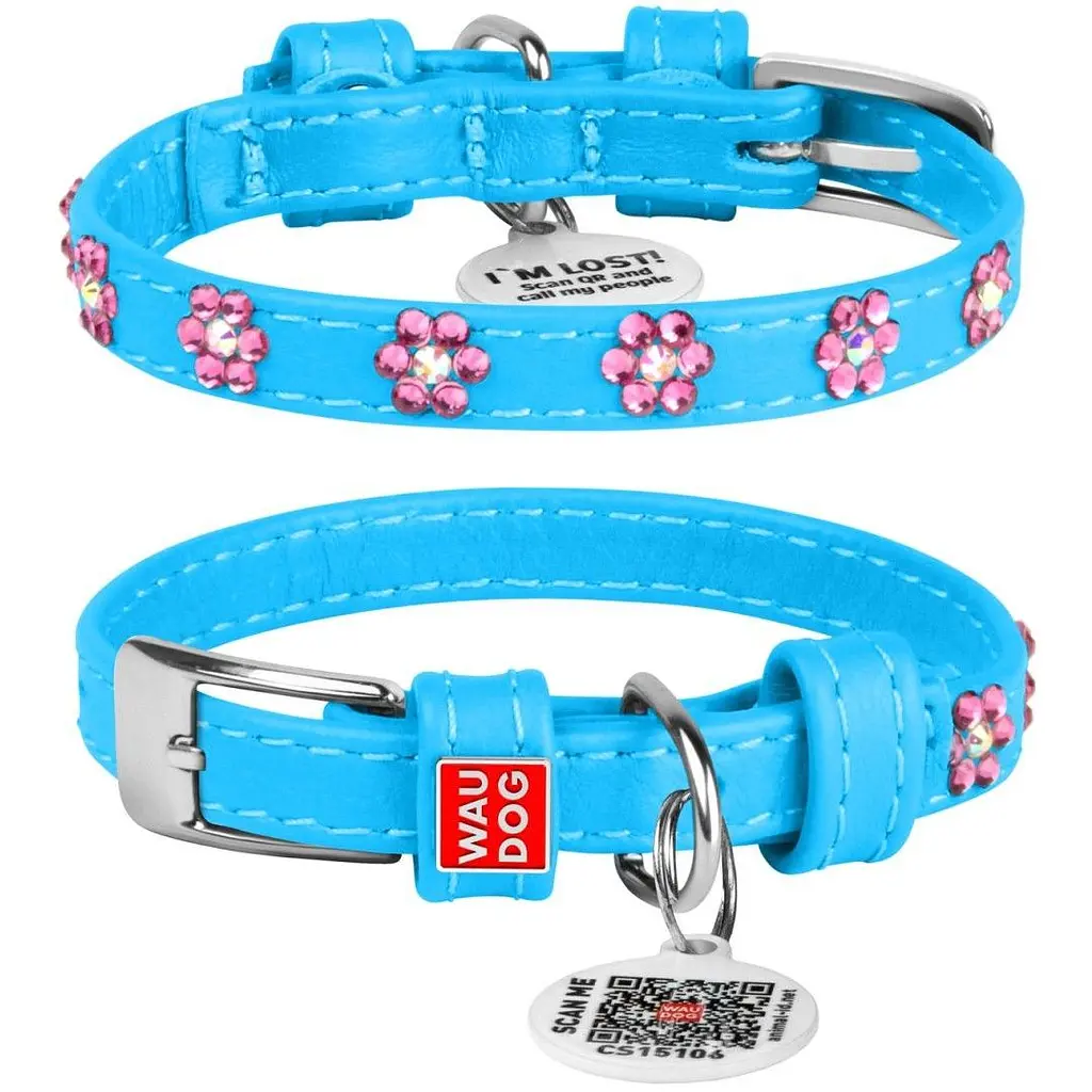 Нашийник для собак Waudog Glamour зі стразами Квіточка, шкіряний, з QR паспортом, S, 21-29х1,2 см, блакитний - фото 3