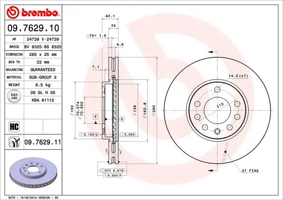 Диск гальмівний передній вентильований Opel Astra H, Zafira A 98-25р Brembo (09.7629.11) - фото 2