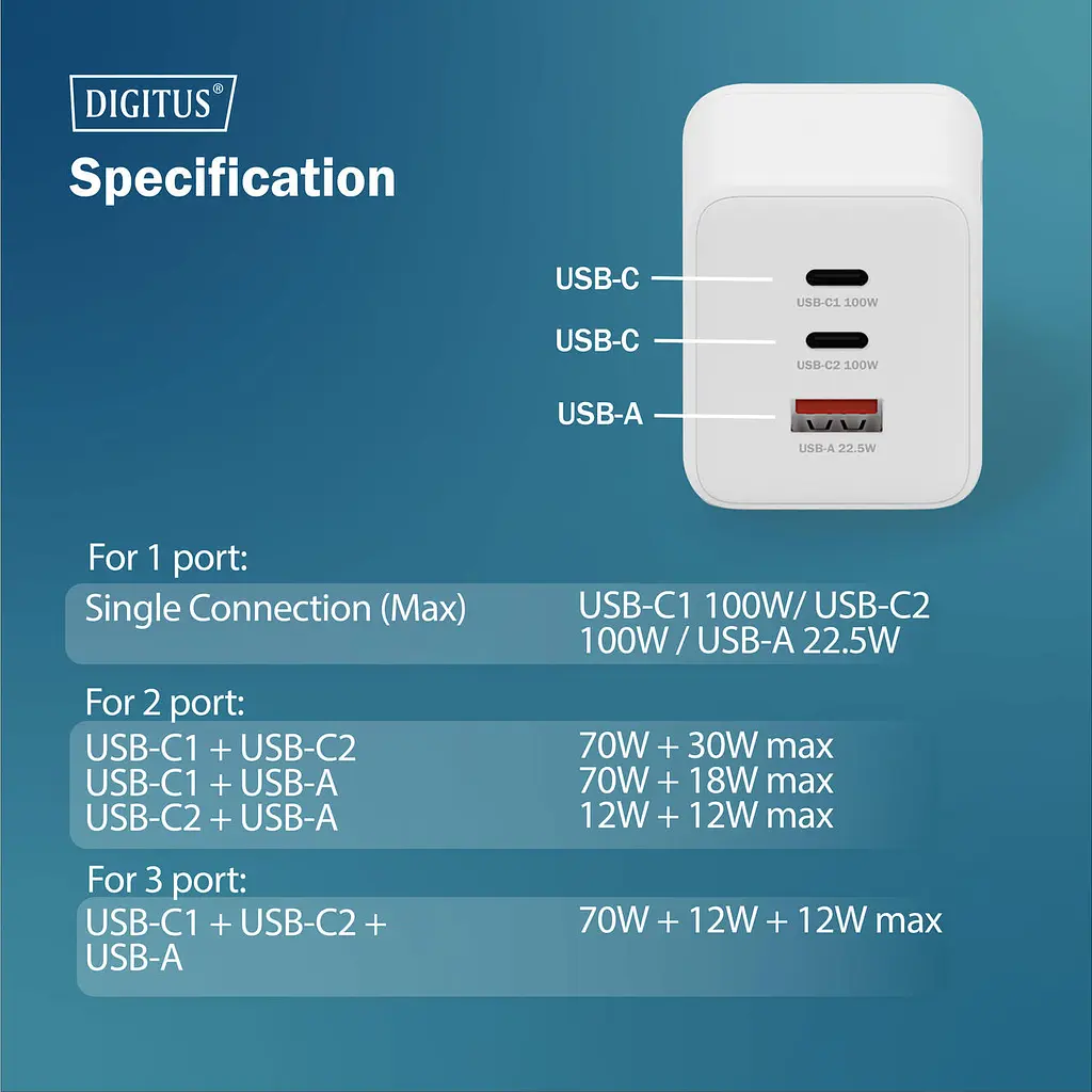 Зарядний пристрій 2хUSB-C, 1хUSB-A DIGITUS GaN 100W - фото 3