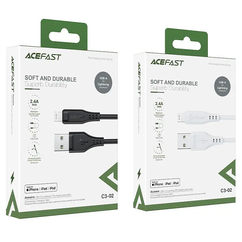 Кабель Acefast C3-02 USB to iP 2.4A 1.2 м TPE TPE connectors черный - фото 2