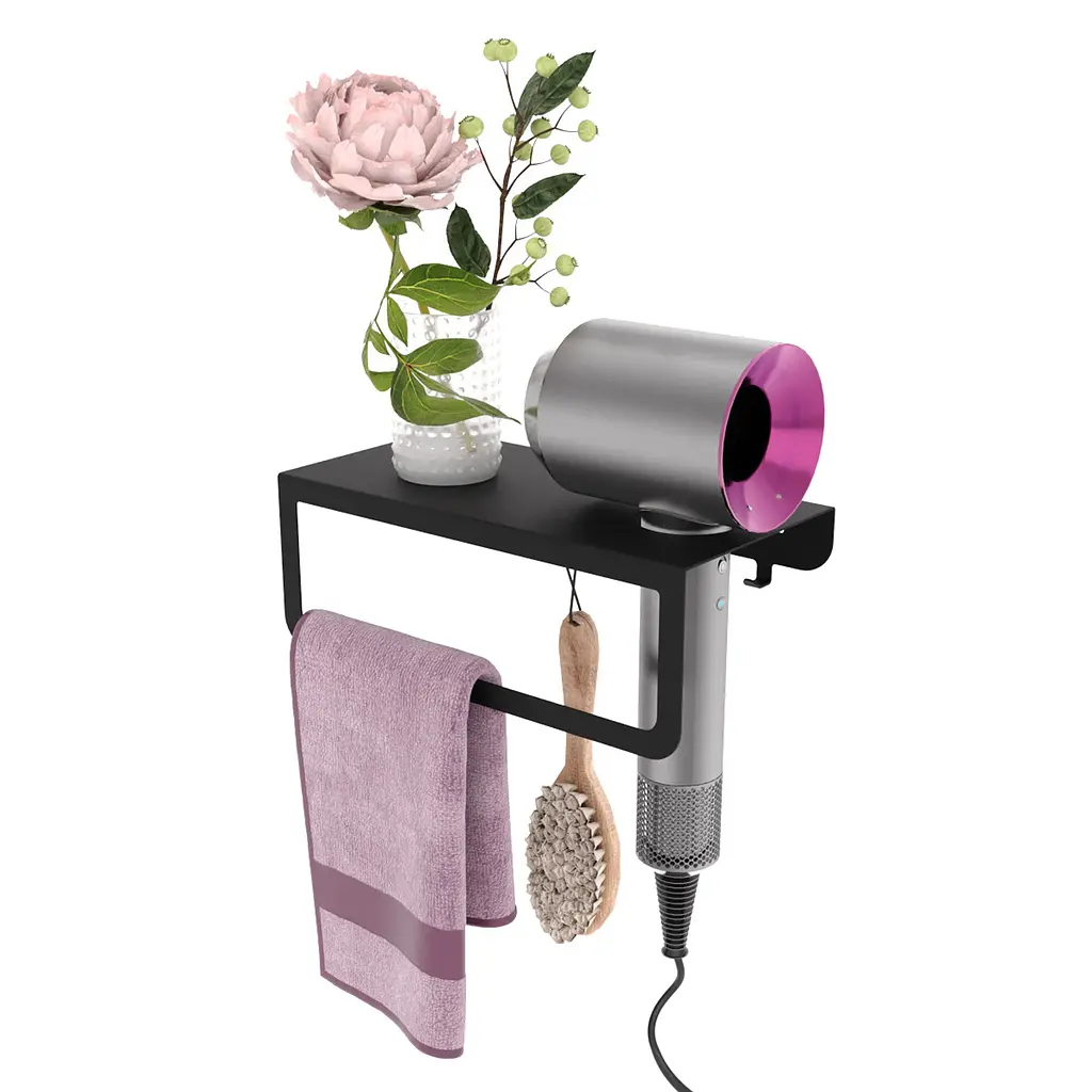 Полиця в ванну кімнату Nice & Cozy HairDry з отвором для рушників та фену чорна