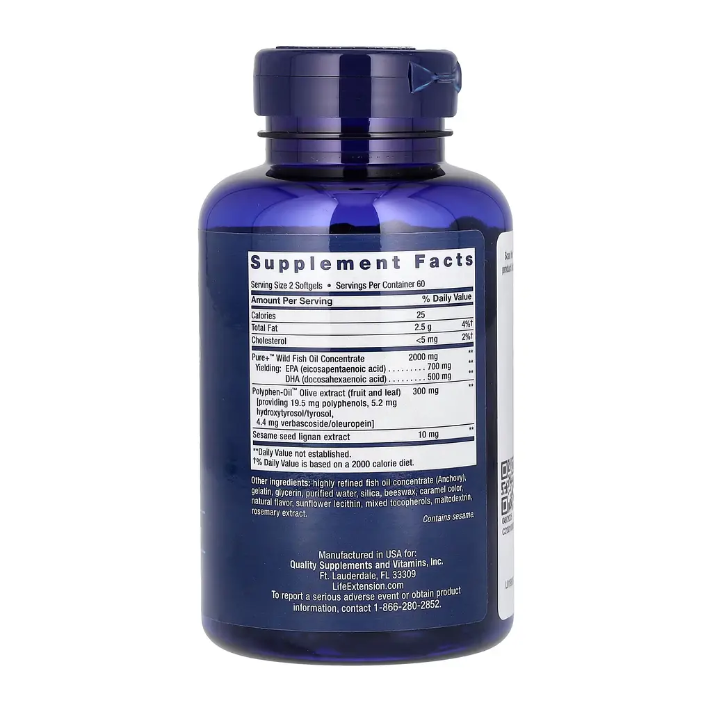 Омега-3 Life Extension Super Omega-3 EPA/DHA Fish Oil Sesame Lignans & Olive Extract 120 softgels - фото 2