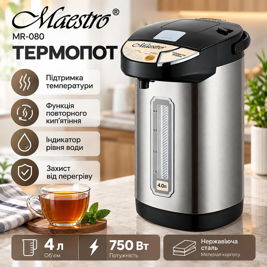 Електричний термопот для нагрівання води 4 л Maestro MR-080 мережевий чайник термос із автоматичним відключенням та 3 способами подачі води 750 Вт Сріблясто-чорний - фото 3