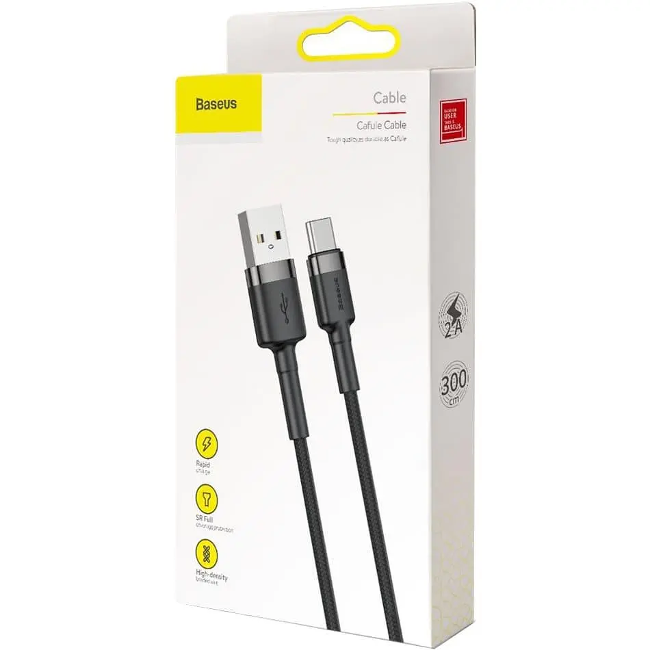Кабель Baseus Cafule Type-C Cable 2A (3m) gray/black (CATKLF-UG1) - фото 3