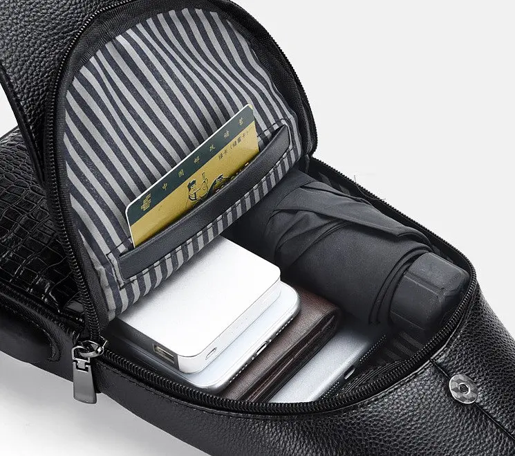 Сумка слінг чоловіча нагрудна чорна під крокодила з портом USB 486Ч - фото 6