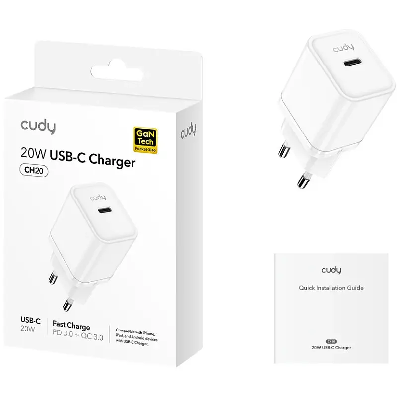 Зарядне пристрій 1xUSB 20W, (GaN, 1хUSB-C, QC+PD 3.0, вилка ЄС, для iPhone серії 12 та новітніх мод. - фото 4