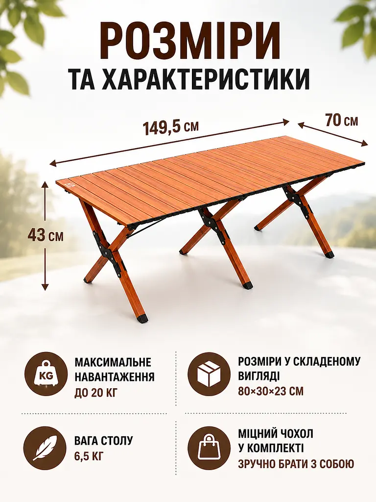 Стіл складаний туристичний 149,5×70×43 см коричневий для пікніка з чохлом (49675946) - фото 3