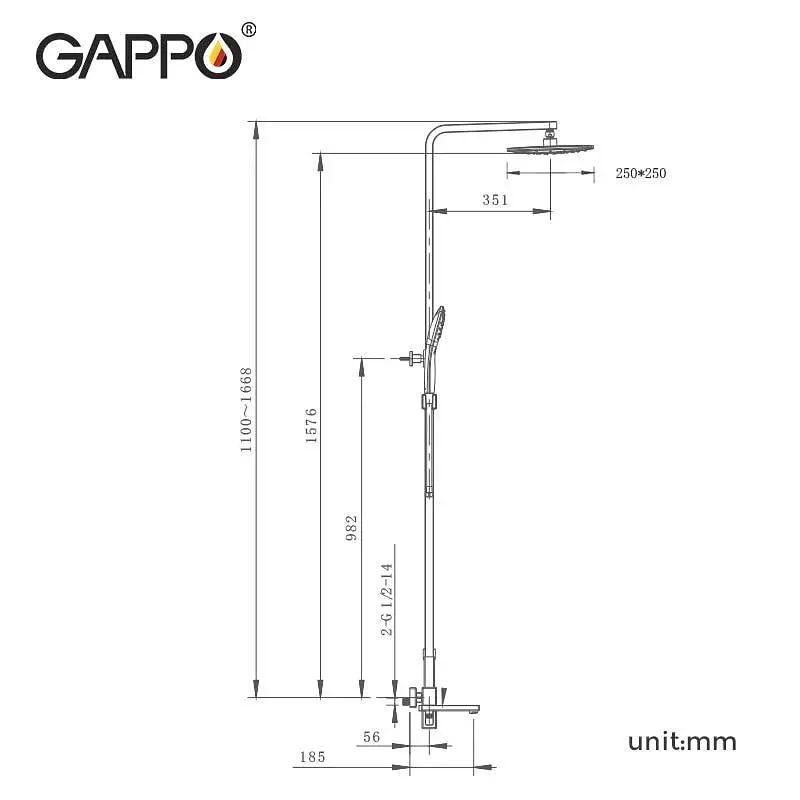 Душова система Gappo G2417-9, вилив - перемикач на лійку, збройова сталь, Графітовий хром - фото 8