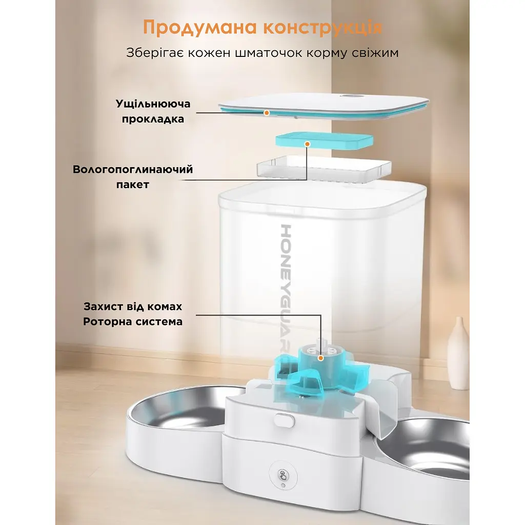 Автоматична годівниця для котів HoneyGuardіan S303D 3,5 л Wi-Fi з двома мисками, білий - фото 3