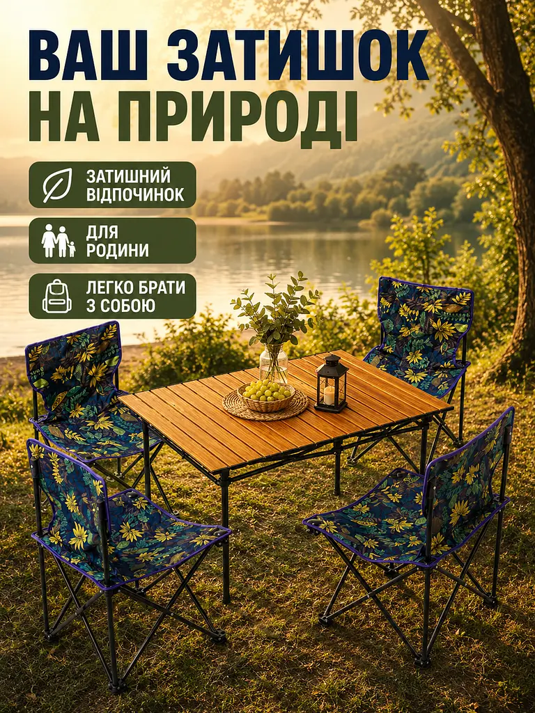 Стіл туристичний складаний 95×55×50 см з 4 стільцями світло-коричневий для пікніка з чохлом (49675941) - фото 7