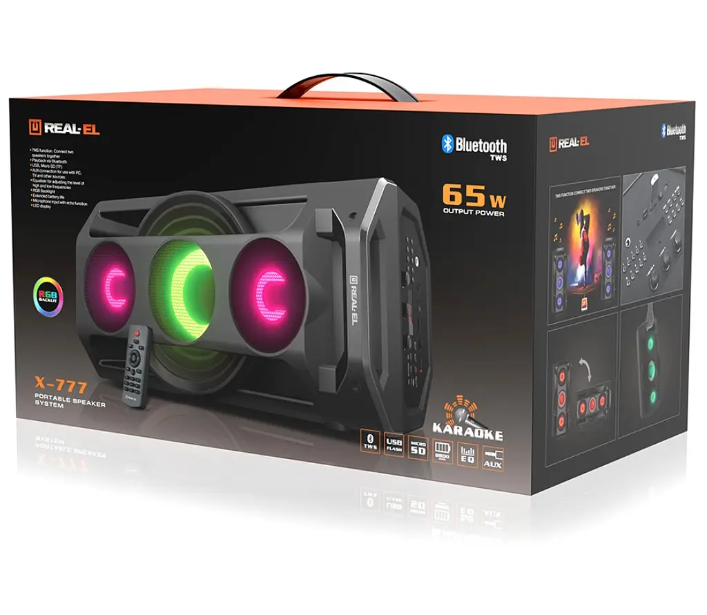 Портативна колонка бумбокс REAL-EL X777-PSS Boombox 65W Bluetooth TWS, RGB, Black - фото 11
