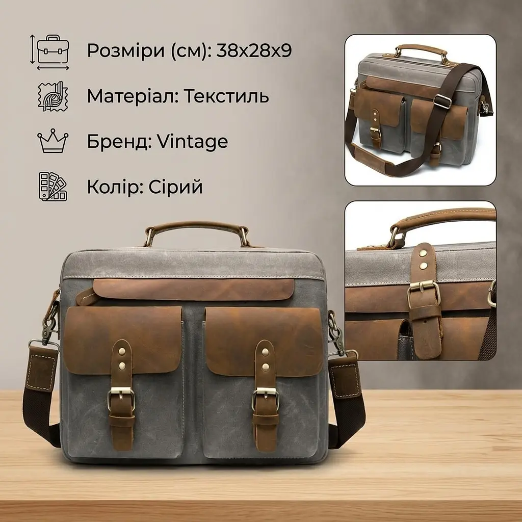 Сумка-портфель чоловіча текстильна зі шкіряними вставками 20001 Vintage сірий - фото 3