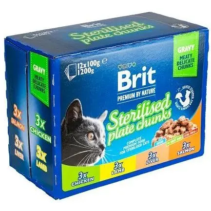 Вологий корм Brit Premium Cat Набір паучів сімейна тарілка для стерилізованих котів асорті 4 смаки 100 г х 12 шт. - фото 4