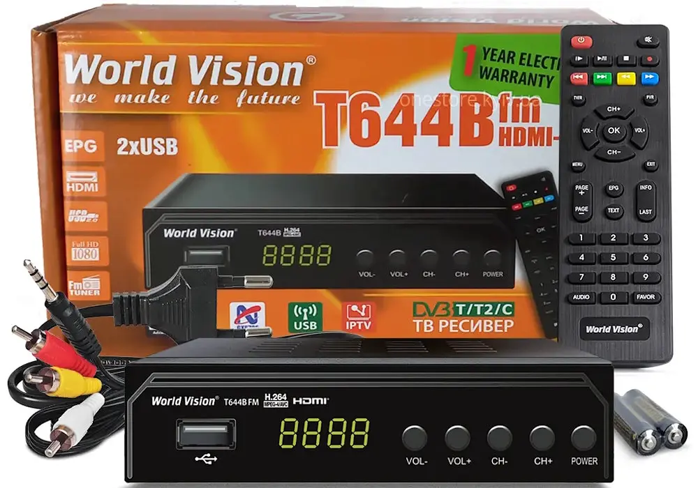 TV-тюнер зовнішній автономний World Vision T644B, чорний, H.265, AC3, DolbyDigital, DVB-T2/T/C, FM-тюнер, IPTV, DLNA, Stalker, 7