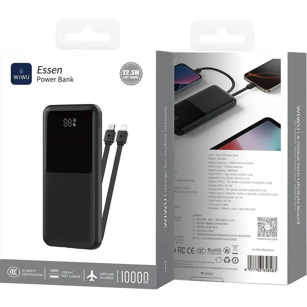 Внешний аккумулятор WiWU Essen Wi-P081 10000mAh 22.5W Black (6977703658583) [161282] - фото 6